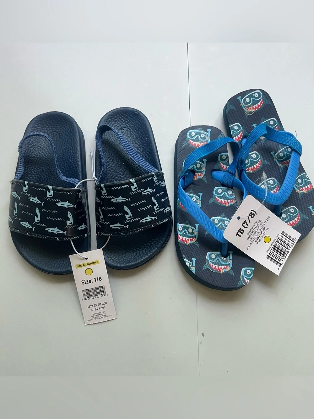 Kids Navy Shark Slide and Flip-Flop Set - Size 7/8